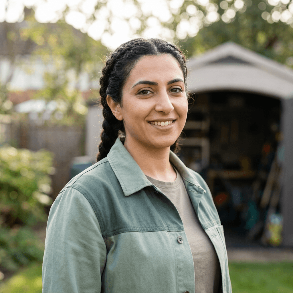 Female senior in her 70s smiling gently at home