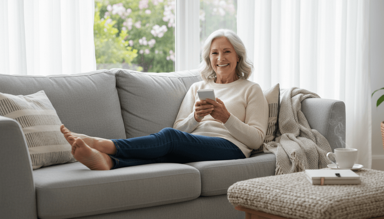 Older woman relaxing at home with a TENS device