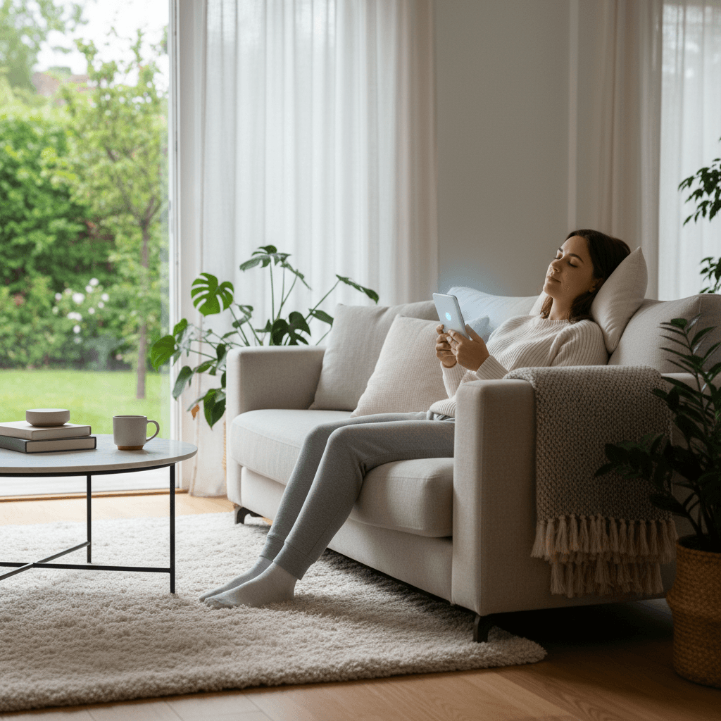 Person relaxing at home using a small handheld pain relief device