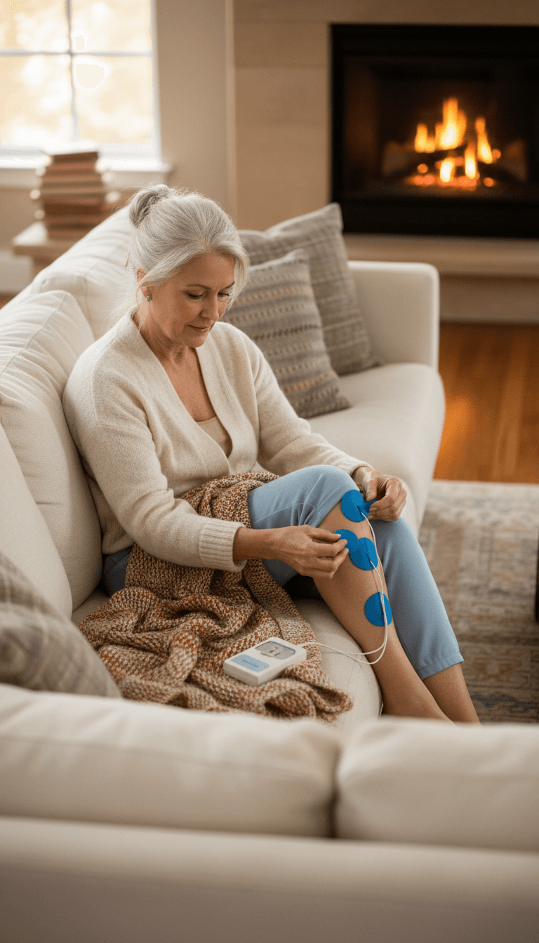 Senior woman sitting comfortably at home, gently placing the ReliefWave Pro TENS pads on her knee