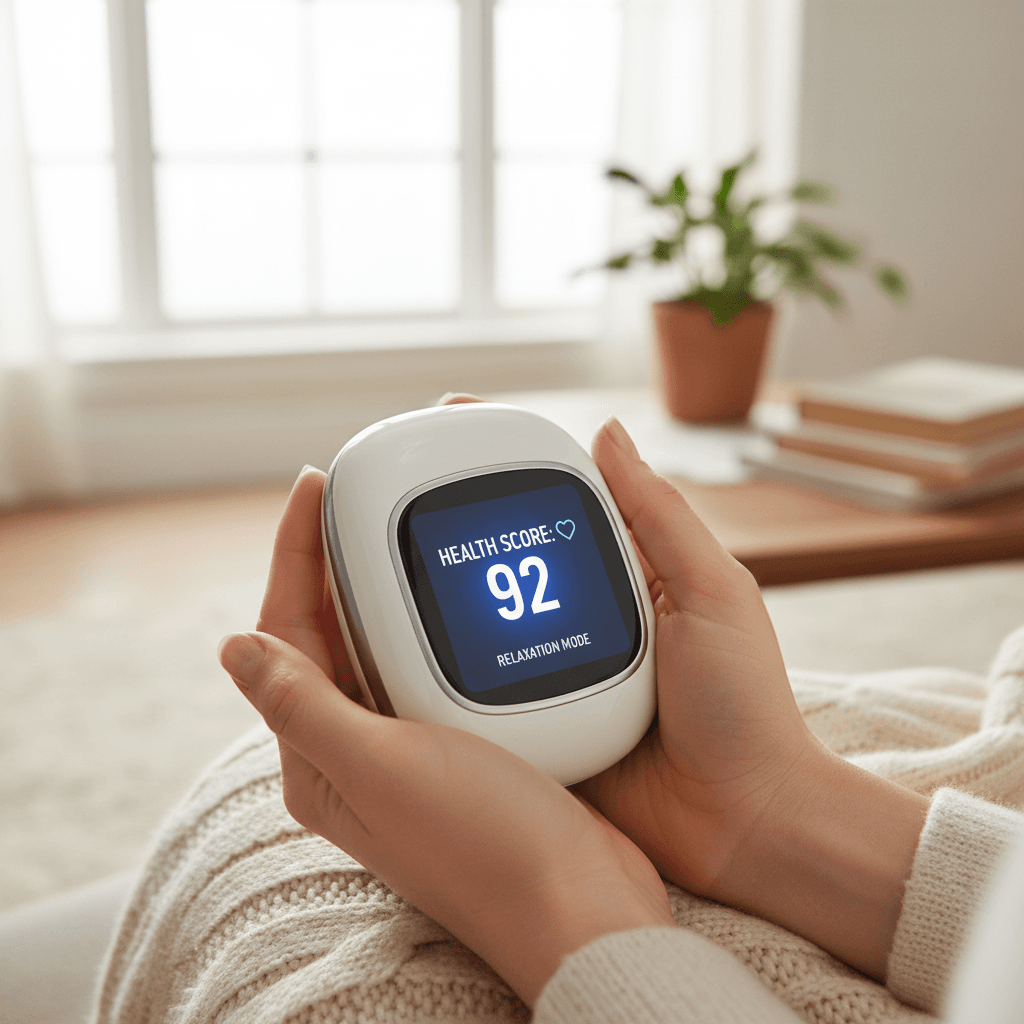 Close-up of hands holding a compact wellness device in a cozy home