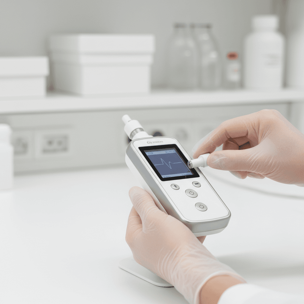 Close-up of hands pressing a large button on the ReliefWave Pro device