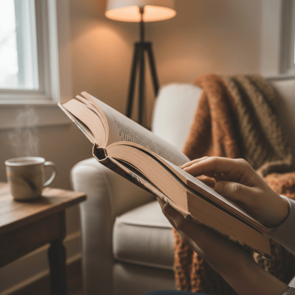 Happy older man reading a book in an armchair in a cozy home setting