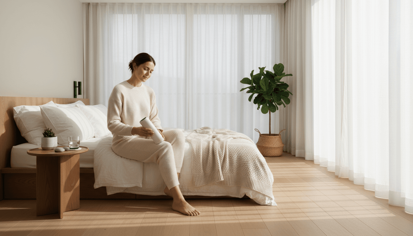 Senior woman relaxing on a couch with a small white device on her knee