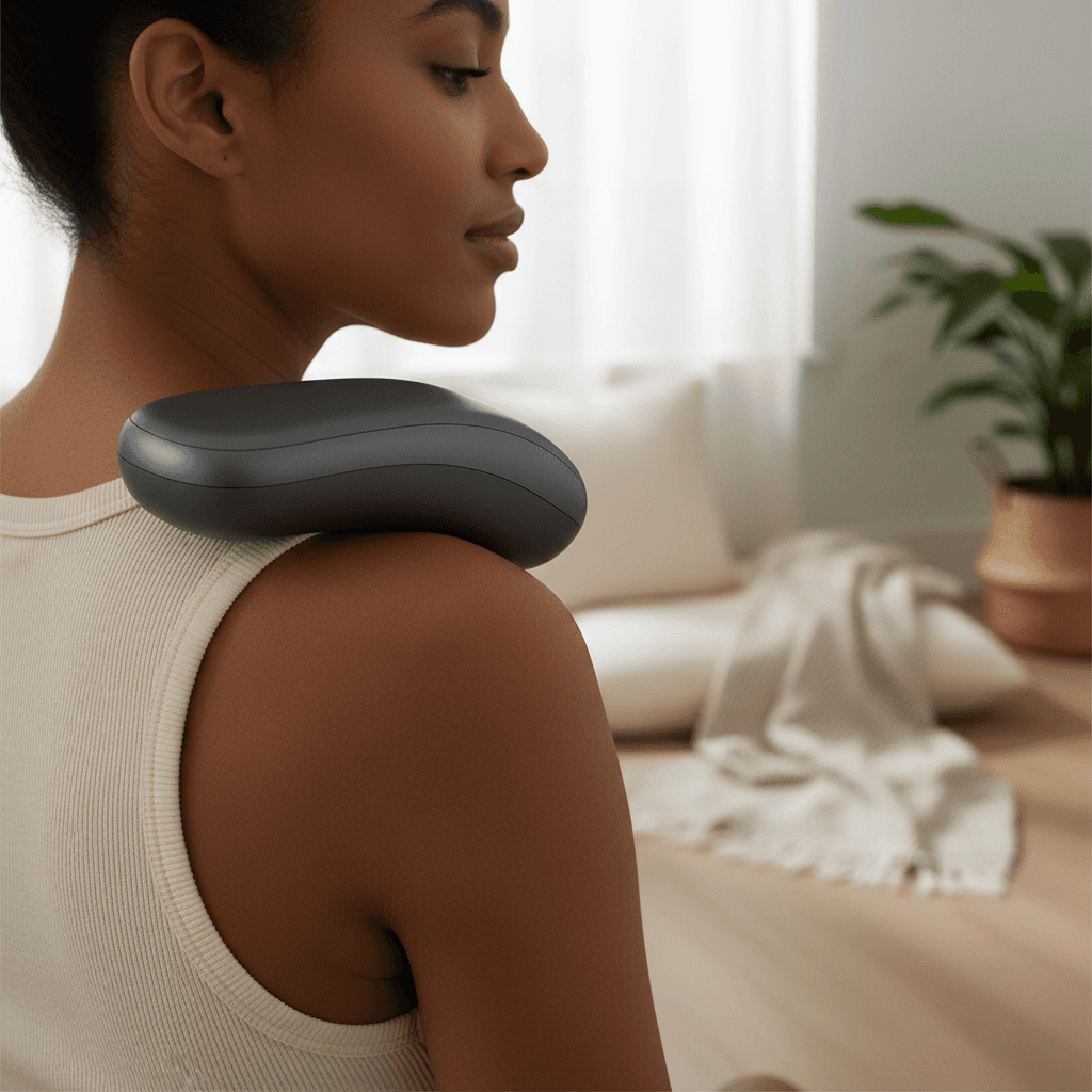 Older woman relaxing on a couch with the device placed on her shoulder