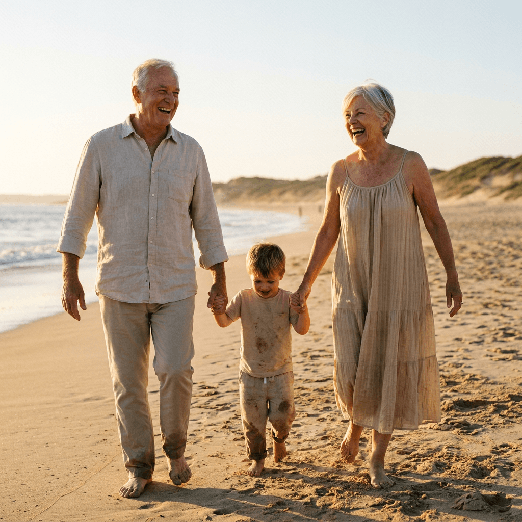 A happy elderly couple walks hand-in-hand with their young grandchild on a sandy beach at sunset, smiling joyfully.